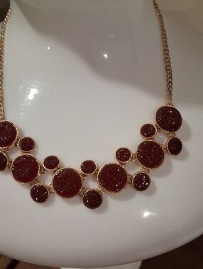 Gold-Tone Necklace with Dark Red Druzy Circles
